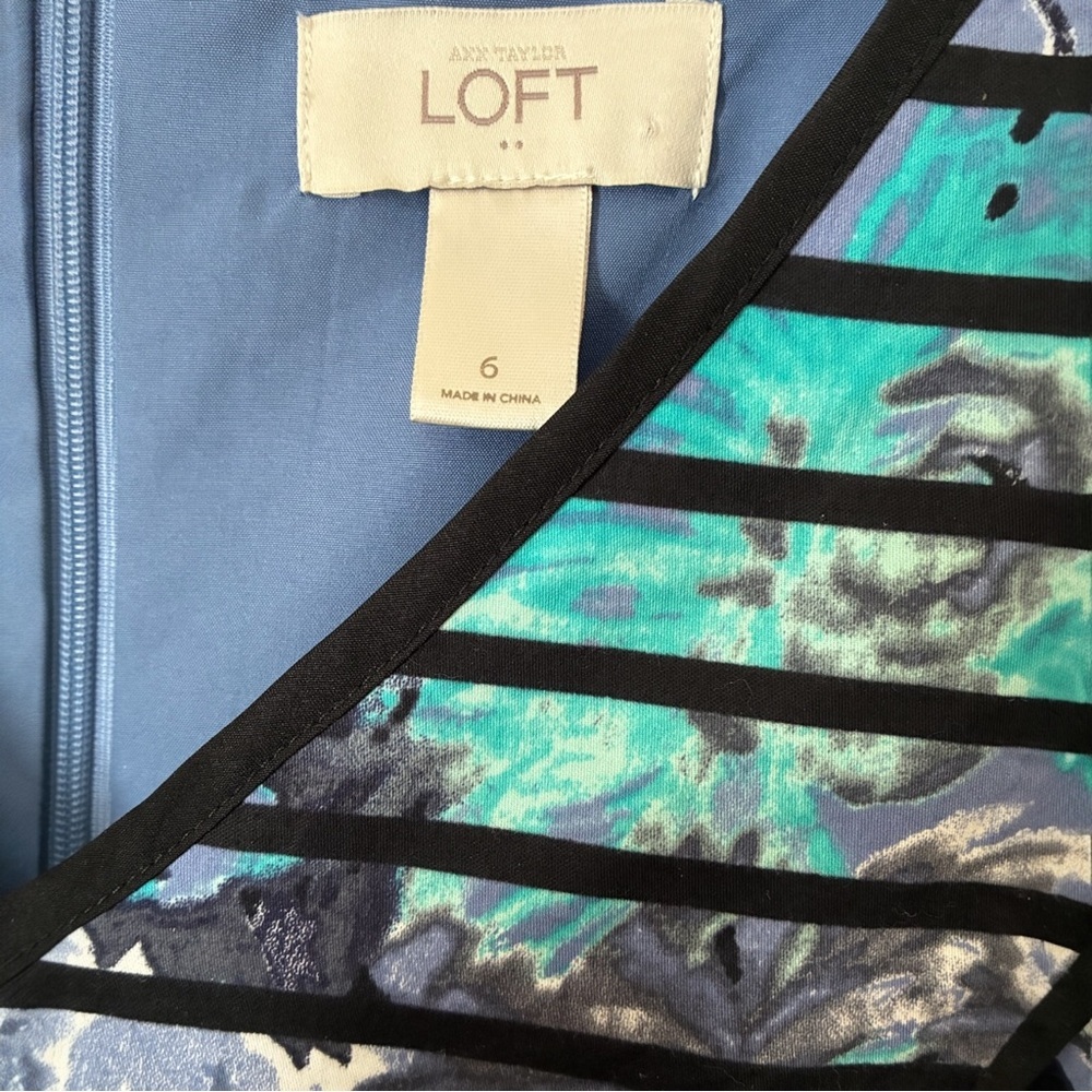 Ann Taylor LOFT Sz 6 Blue Black Floral Stripe Fit N Flare Party Dress - Picture 5 of 10
